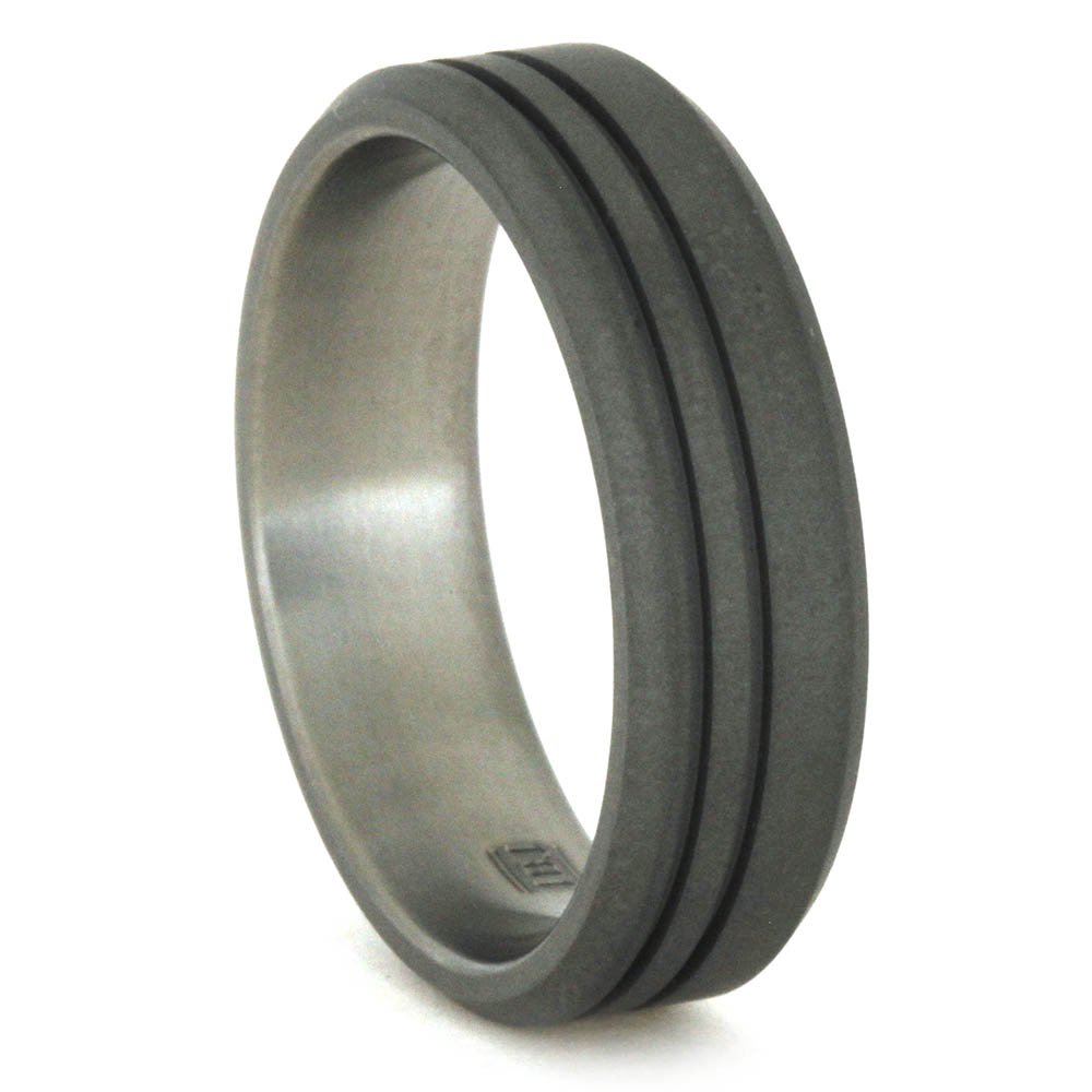 Sandblasted Titanium Overlay 8mm Comfort-Fit Wedding Ring.