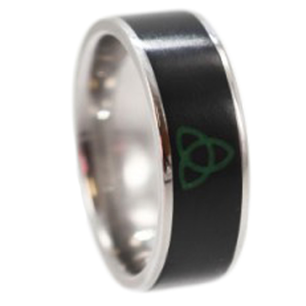 Jade Inlay With Trinity Knot 8mm Comfort Fit Polished Titanium Band. 