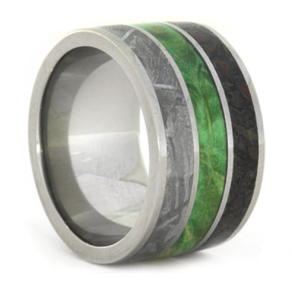 Wide flat band with Gibeon meteorite, dinosaur bone, and Green Box Elder wood create a stunning statement band.