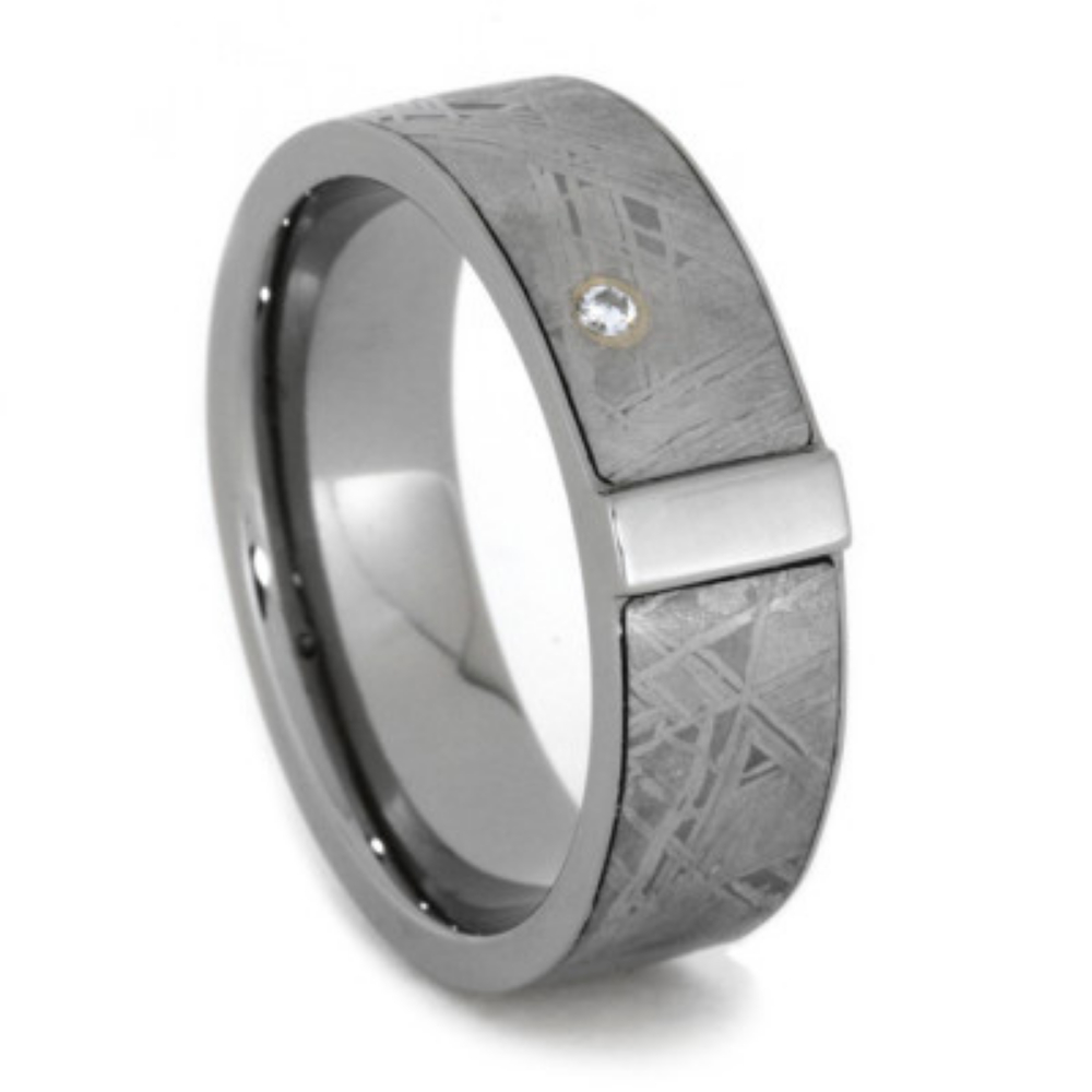 Diamond Gibeon Meteorite Inlay 7mm Comfort-Fit Titanium Band. 