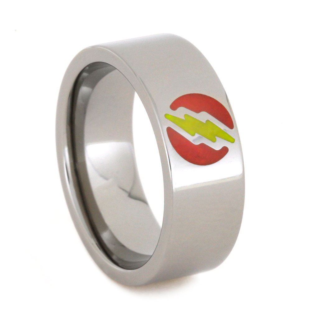 Red & Yellow Enamel Flash Symbol 8mm Comfort-Fit Polished Titanium Band.