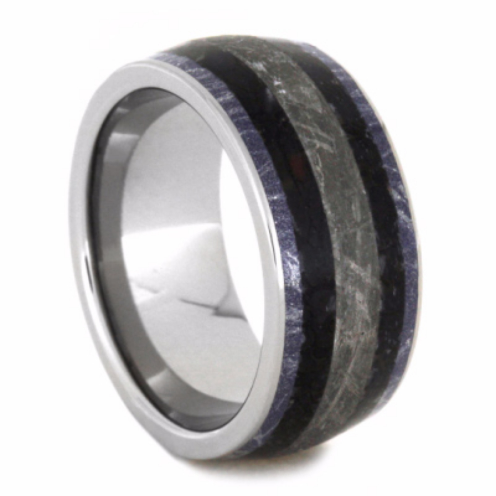 Dinosaur Bone and Meteorite with Blue Bronze and White Mokume 10mm Comfort-Fit Titanium Ring.