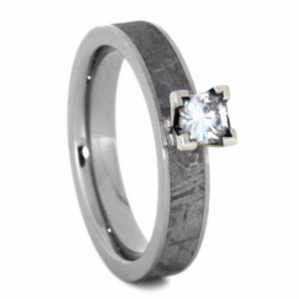 Square Brilliant Moissanite with Gibeon Meteorite Inlay 4mm Comfort-Fit Polished Titanium Ring. 