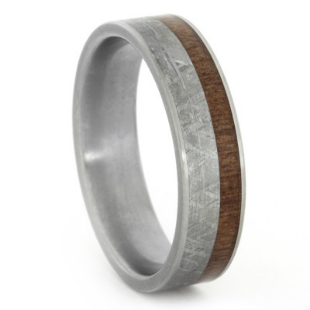 Gibeon Meteorite and Snakewood Inlay 6mm Comfort-Fit Matte Titanium Band.
