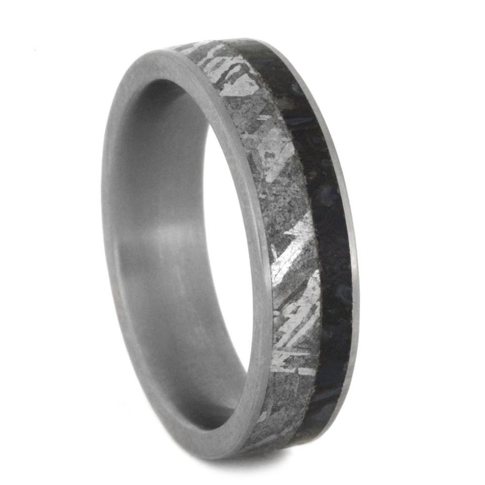 Meteorite Edges and Dinosaur Bone Inlay 6mm Comfort-Fit Matte Titanium Ring.