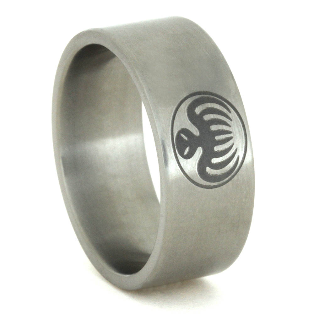 Moderate Engraving Flat Band 9mm Comfort-Fit Matte Titanium Spectre Ring.