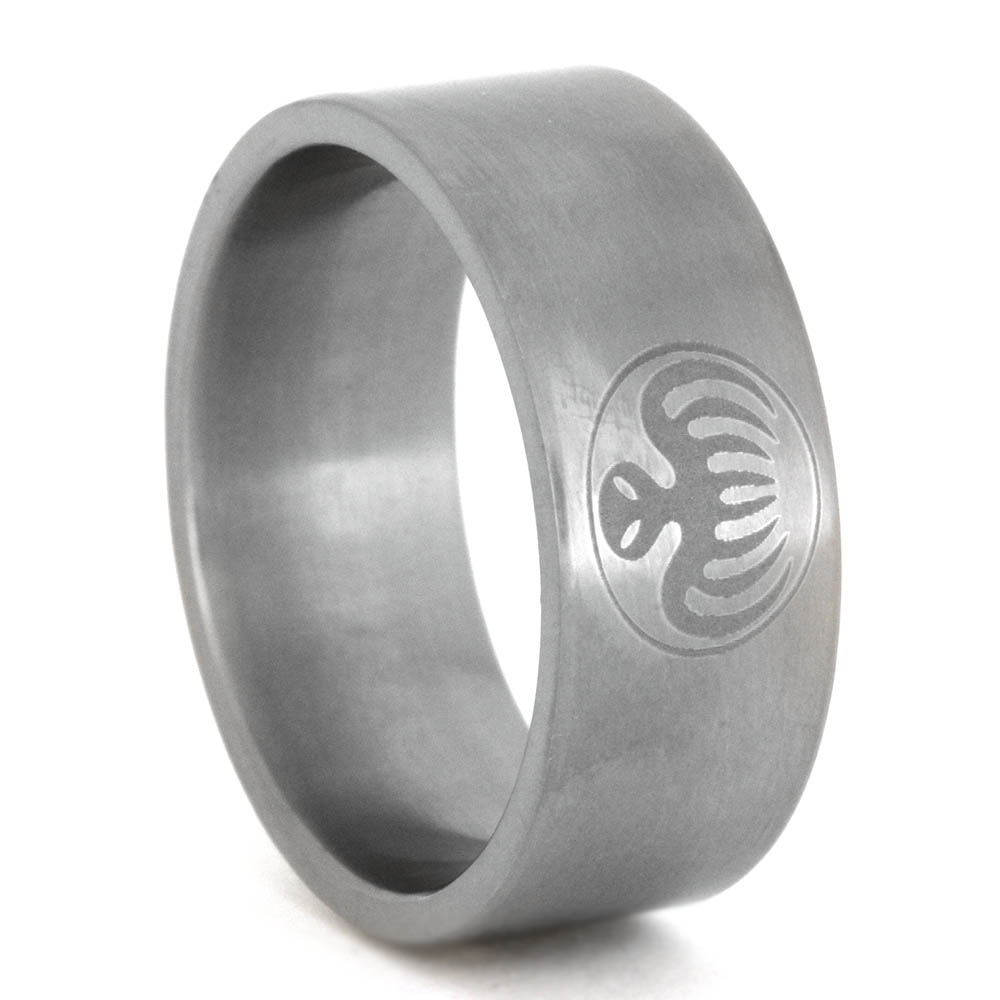 Light Tone Engraving Flat Band 9mm Comfort-Fit Matte Titanium Spectre Ring.