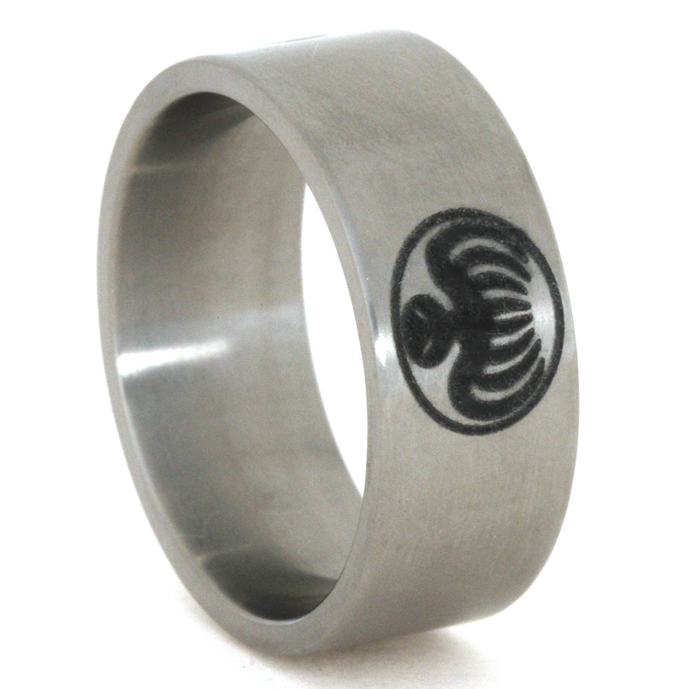 Dark Engraving Flat Band 9mm Comfort-Fit Matte Titanium Ring.