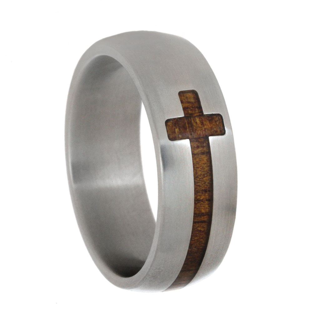 Koa Wood Cross Design partial Inlay 8mm Comfort-Fit Matte Titanium Ring.