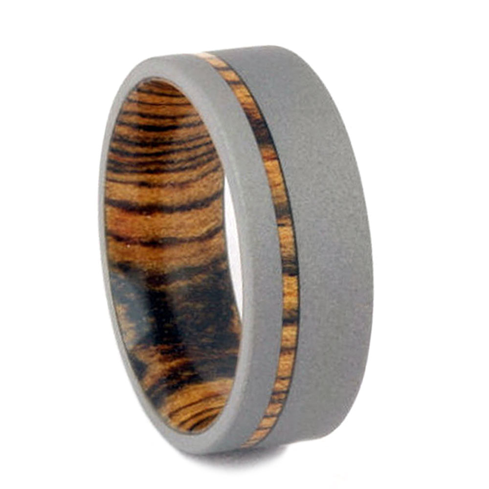 Bocote Wood Pinstripe Inlay with Sandblasted Titanium 8mm Comfort-Fit Titanium Ring.