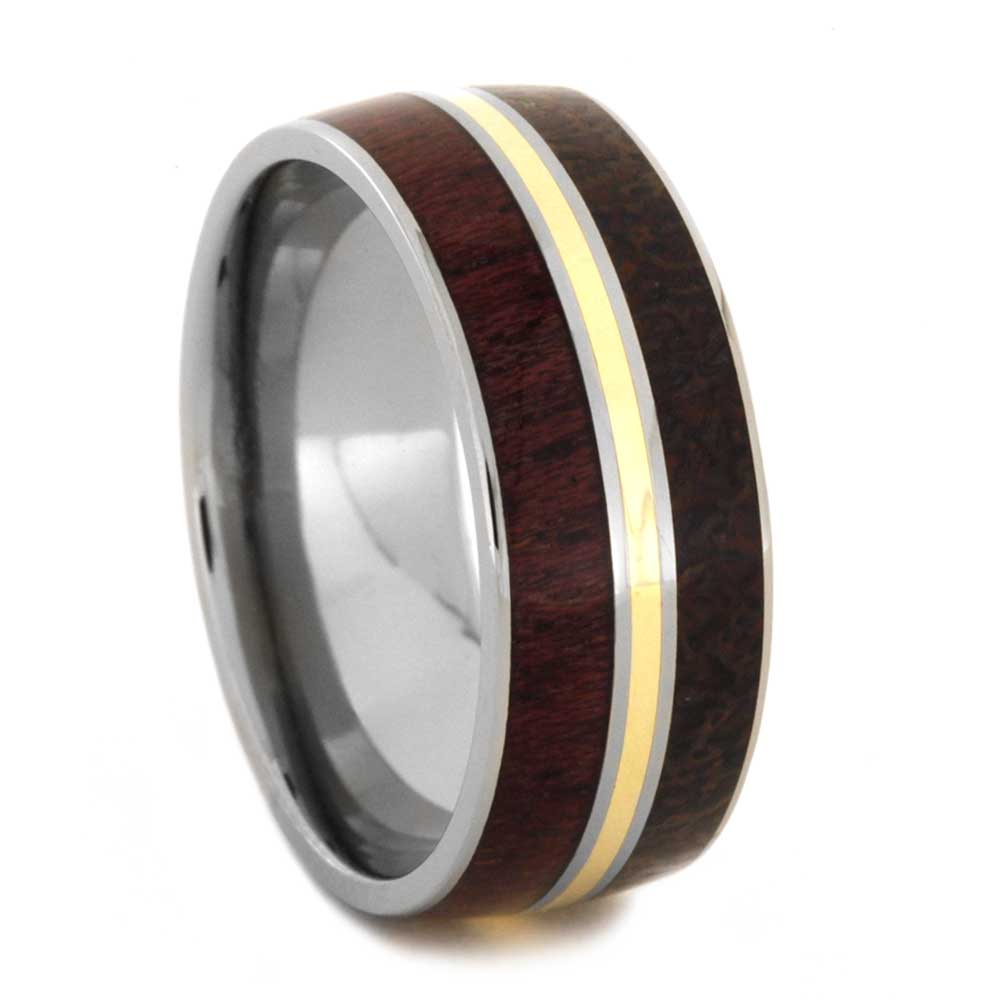 Dinosaur Bone and Purple Heart Wood Overlay with 14k Yellow Gold Pinstripe 9mm Comfort-Fit Titanium Ring.