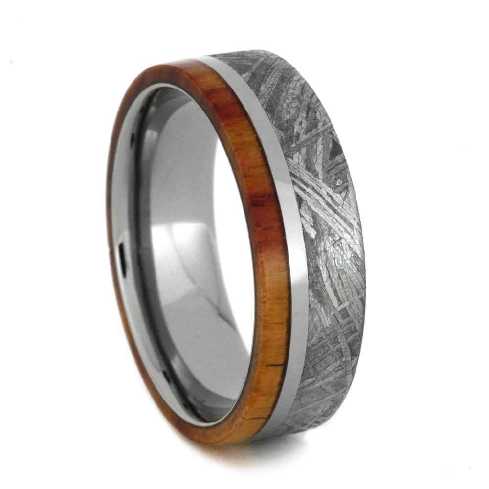 Gibeon Meteorite and Tulip Wood Overlay 7mm Comfort-Fit Polished Titanium Ring.