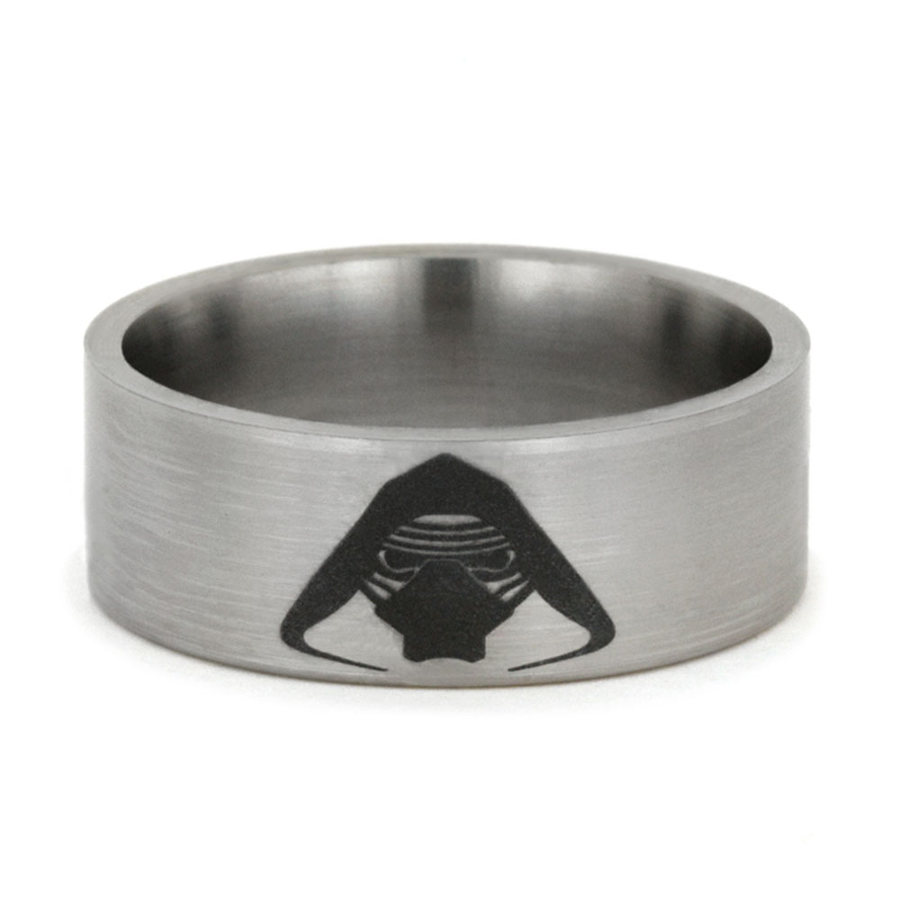 Titanium with Dark Engraving Star Wars 9mm Comfort-Fit Brushed Titanium Ring.