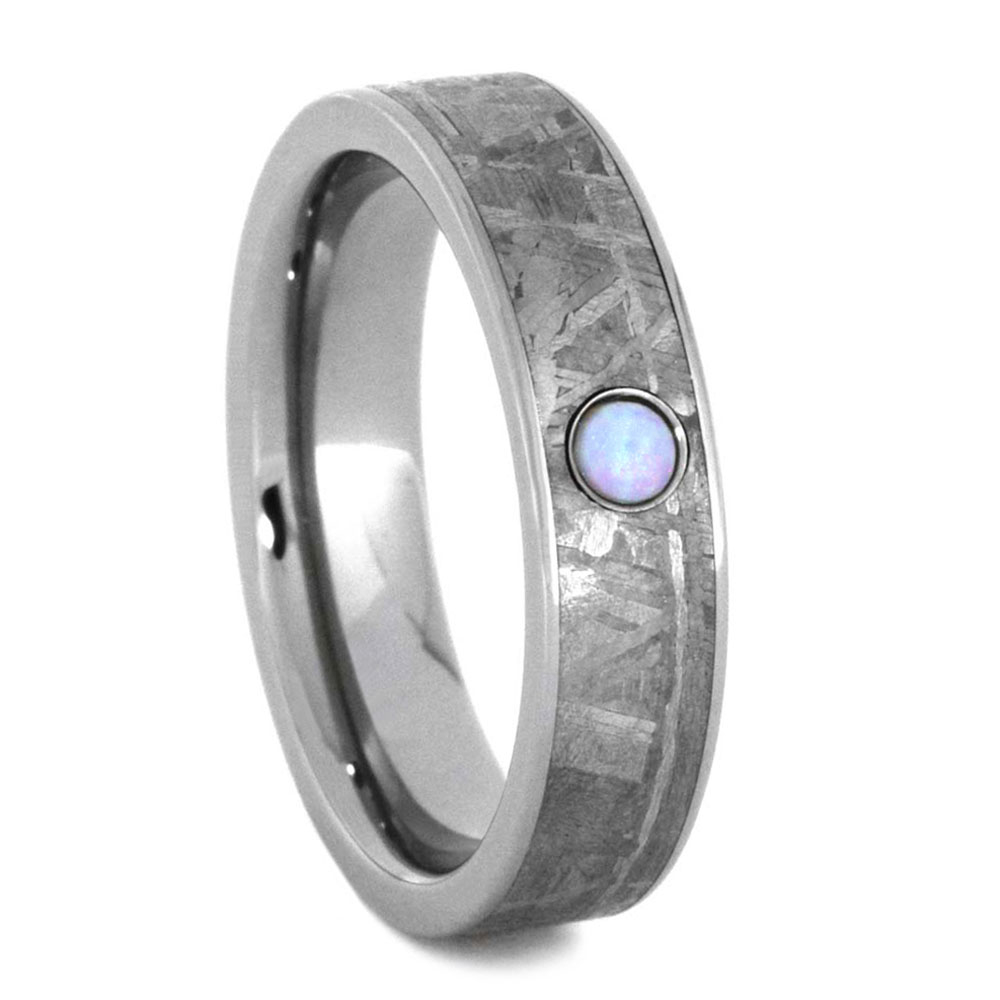 Opal with Meteorite Inlay 5mm Comfort-Fit Polished Titanium Wedding Band.