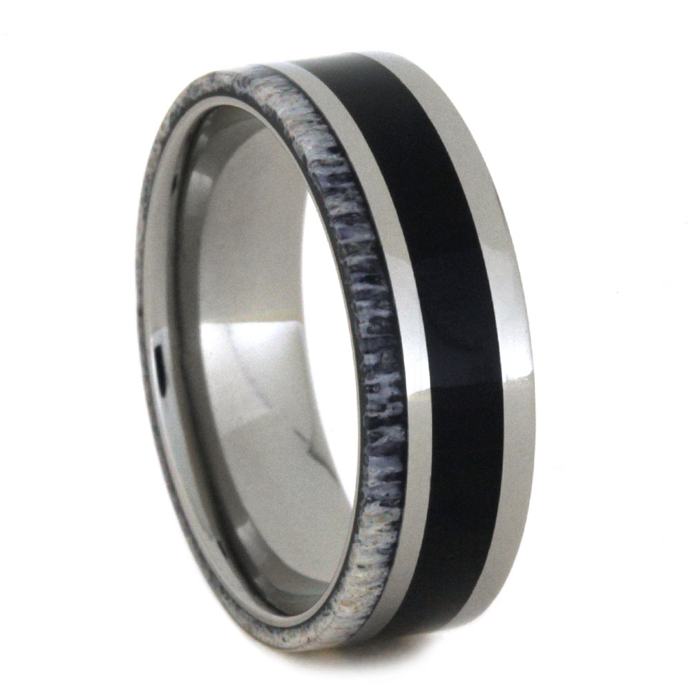 Ironwood Inlay with Antler Edge 7mm Comfort-Fit Polished Titanium Band.