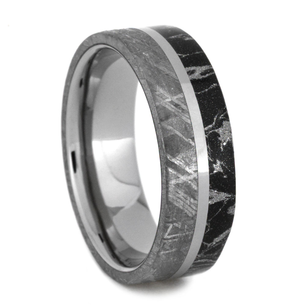 Black and White Composite Mokume and Meteorite Overlay 7mm Comfort-Fit Polished Titanium Band.
