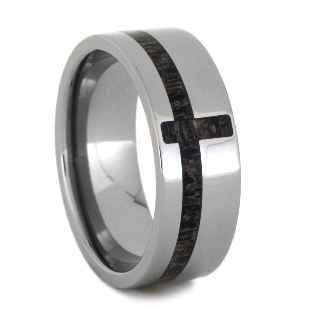 Deer Antler Inlay Cross 8mm Comfort-Fit Polished Titanium Band.