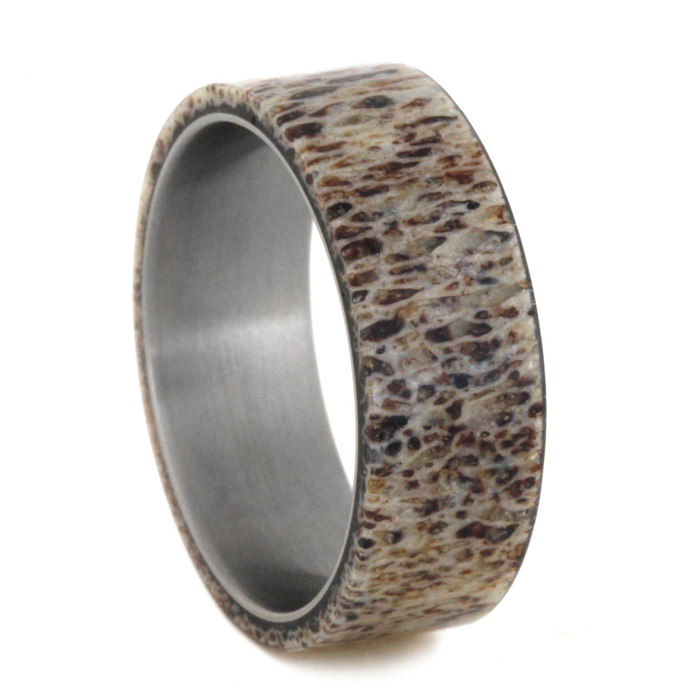 Deer Antler Overlay 8mm Comfort-Fit Matte Titanium Wedding Band.