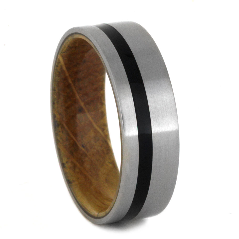Black Enamel Pinstripe with Whiskey Barrel Wood Sleeves 6.5mm Comfort-Fit Matte Titanium Ring.