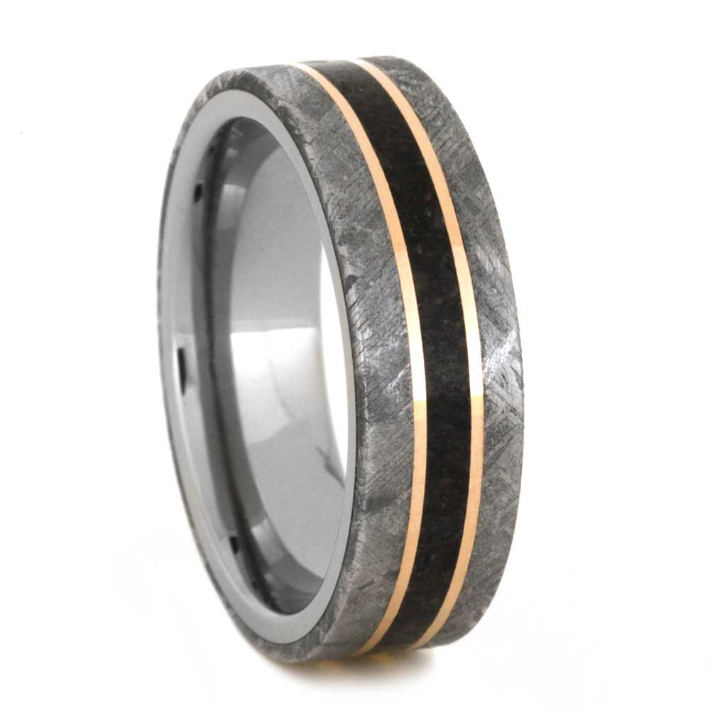 Gibeon Meteorite with Dinosaur Bone Inlay 14k Rose Gold Pinstripe 7mm Comfort-Fit Titanium Ring.