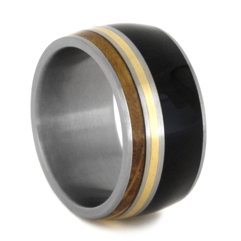 African Blackwood with Whiskey Barrel Wood and 14k Yellow Gold Pinstripe 10mm Comfort-Fit Brushed Titanium Ring.