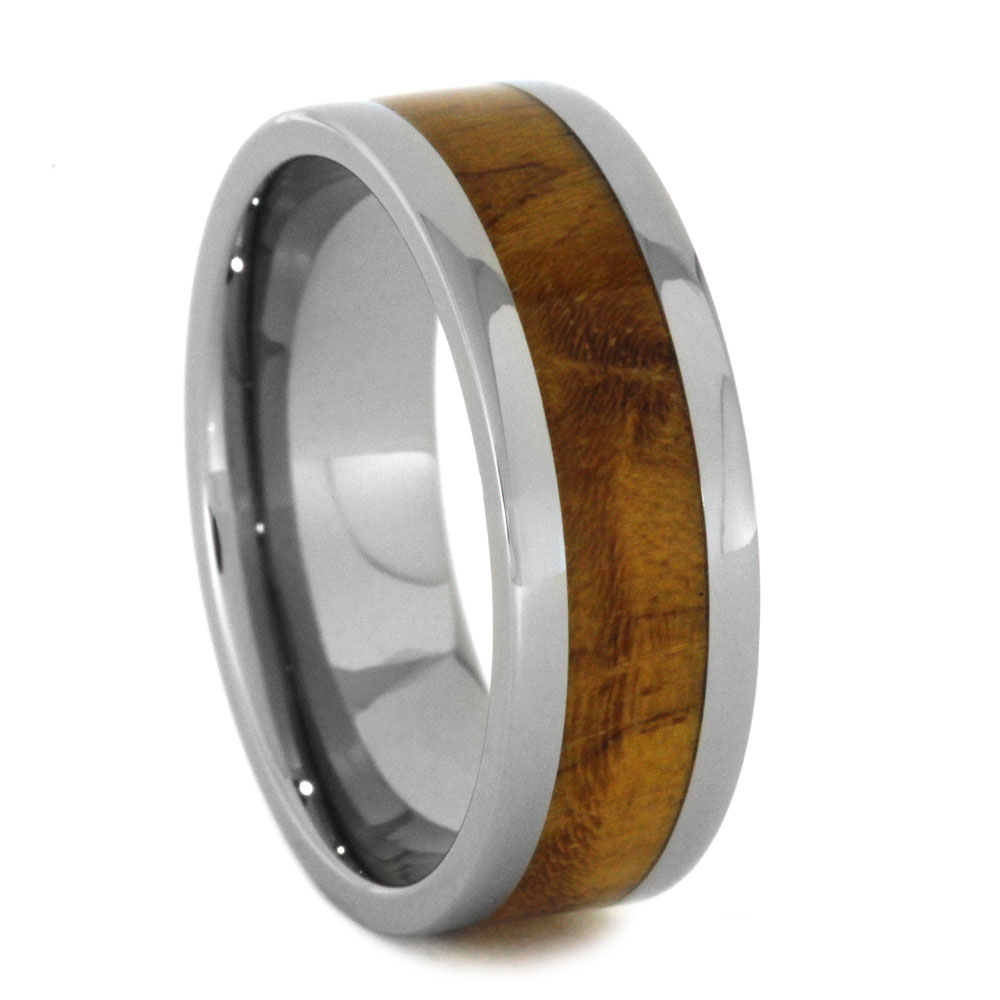Teak Burl Inlay 8mm Comfort-Fit Polished Titanium Ring.