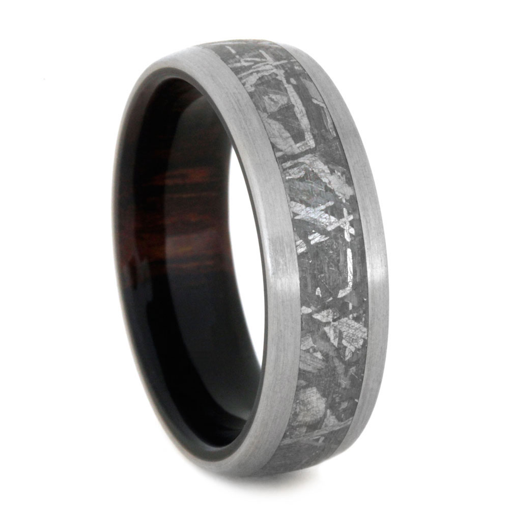 Gibeon Meteorite with Ironwood Sleeves 7mm Comfort-Fit Brushed Titanium Ring.