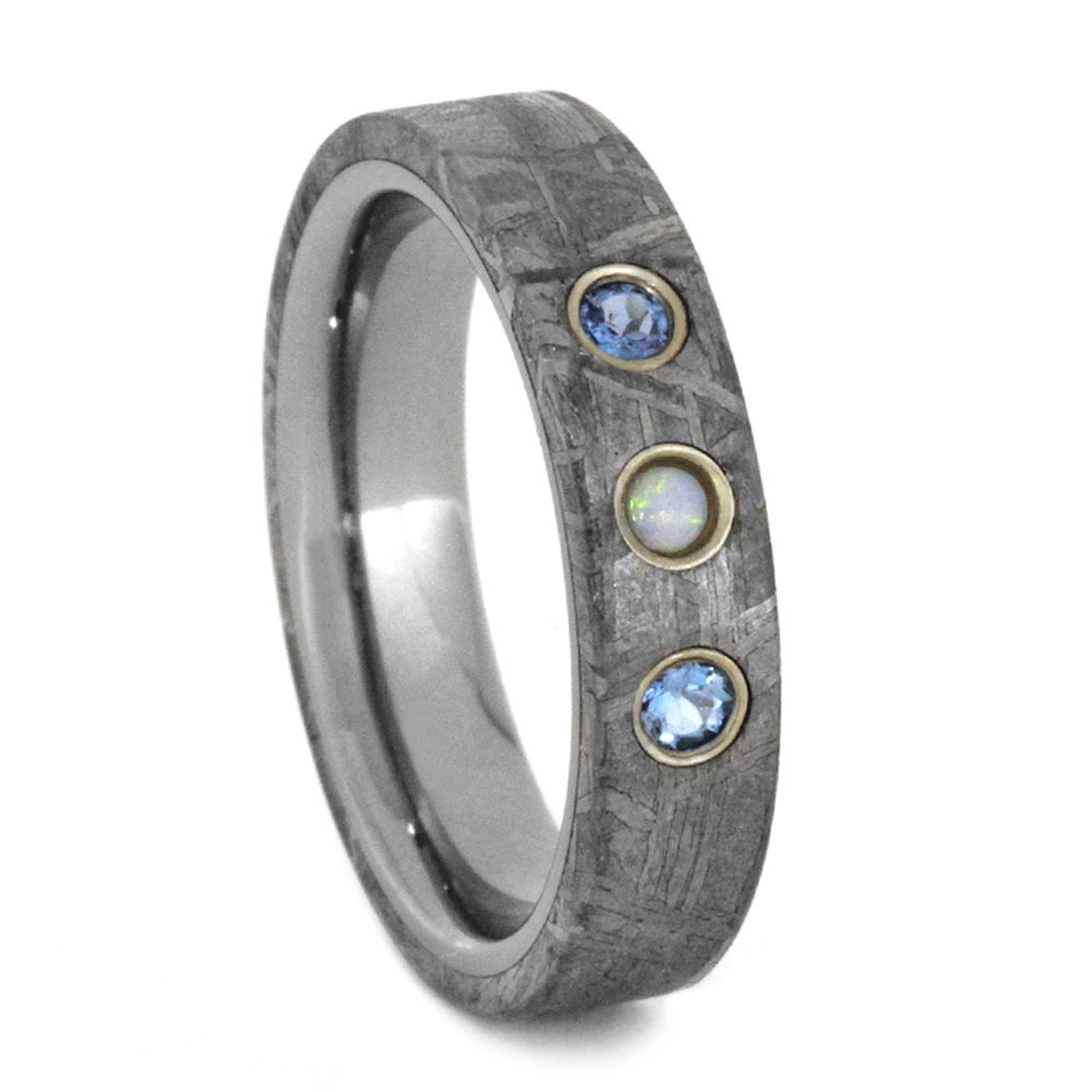 Aquamarine and White Opal with Gibeon Metorite Overlay 4mm Comfort-Fit Polished Titanium Ring.