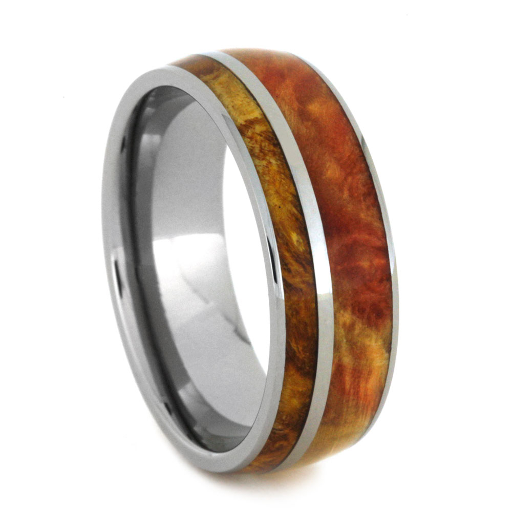 Flame Box Elder Burl and Gold Box Elder Burl wood Inlay 8mm Comfort-Fit Polished Titanium Ring.