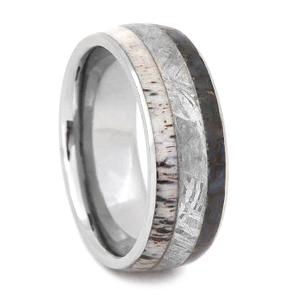 Meteorite with Dinosaur Bone and Deer Antler Inlay 8mm Comfort-Fit Polished Titanium Ring.