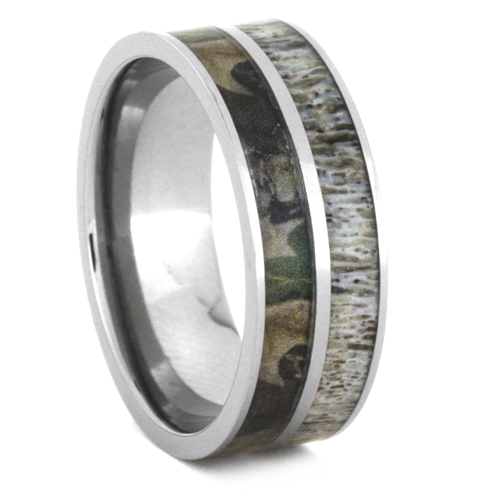 Deer Antler and Camo Print Inlay 8mm Comfort-Fit Polished Titanium Ring.