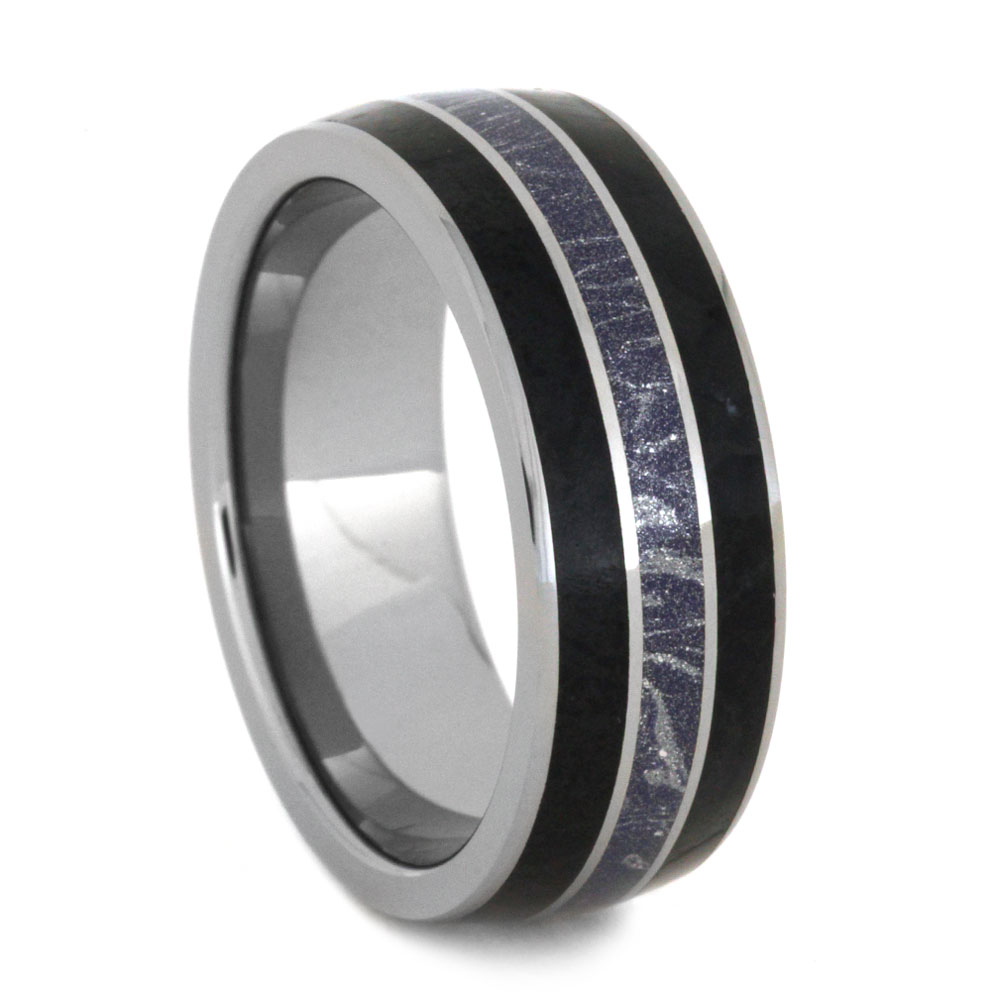 Black Jade with Blue Bronze and White Composite Mokume Inlay 8mm Comfort-Fit Tungsten Ring.