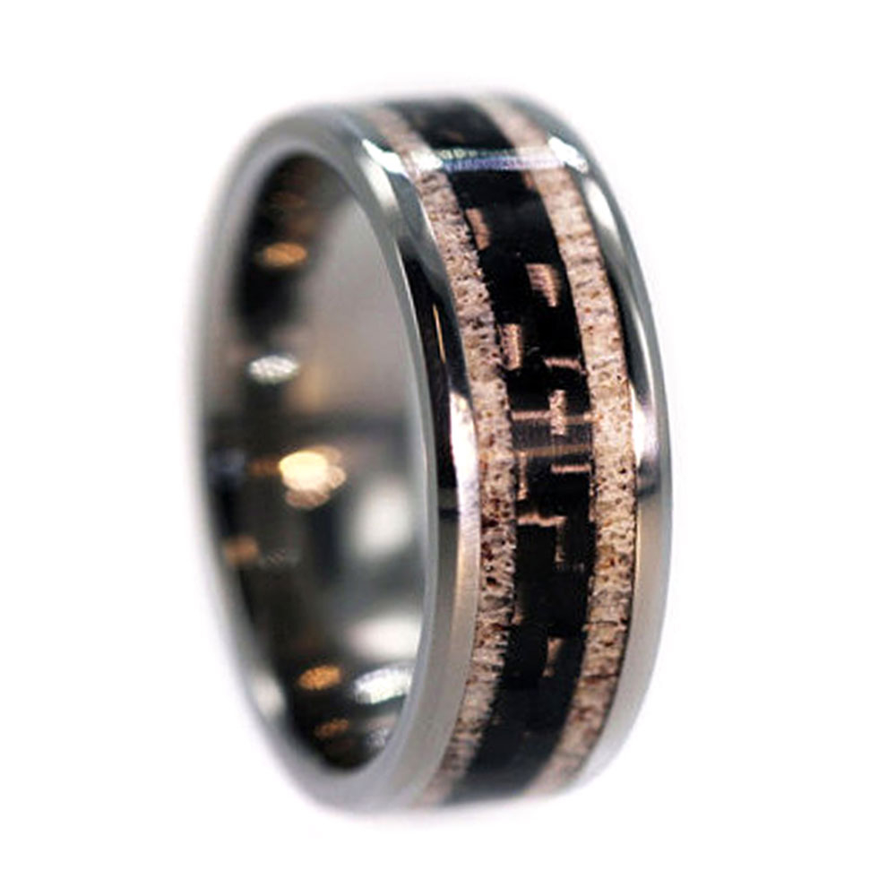 Carbon Fiber with Deer Antler Inlay 9mm Comfort-Fit Polished Titanium Ring.