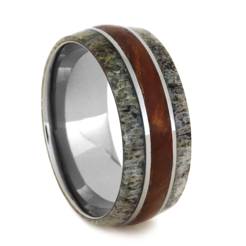 Deer Antler with Petrified Wood Inlay 10mm Comfort-Fit Polished Titanium Ring.