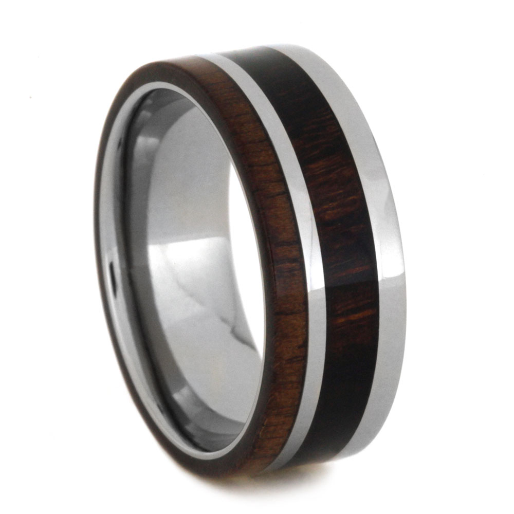 Ironwood Inlay and Walnut Wood 8mm Comfort-Fit Titanium Wedding Band.