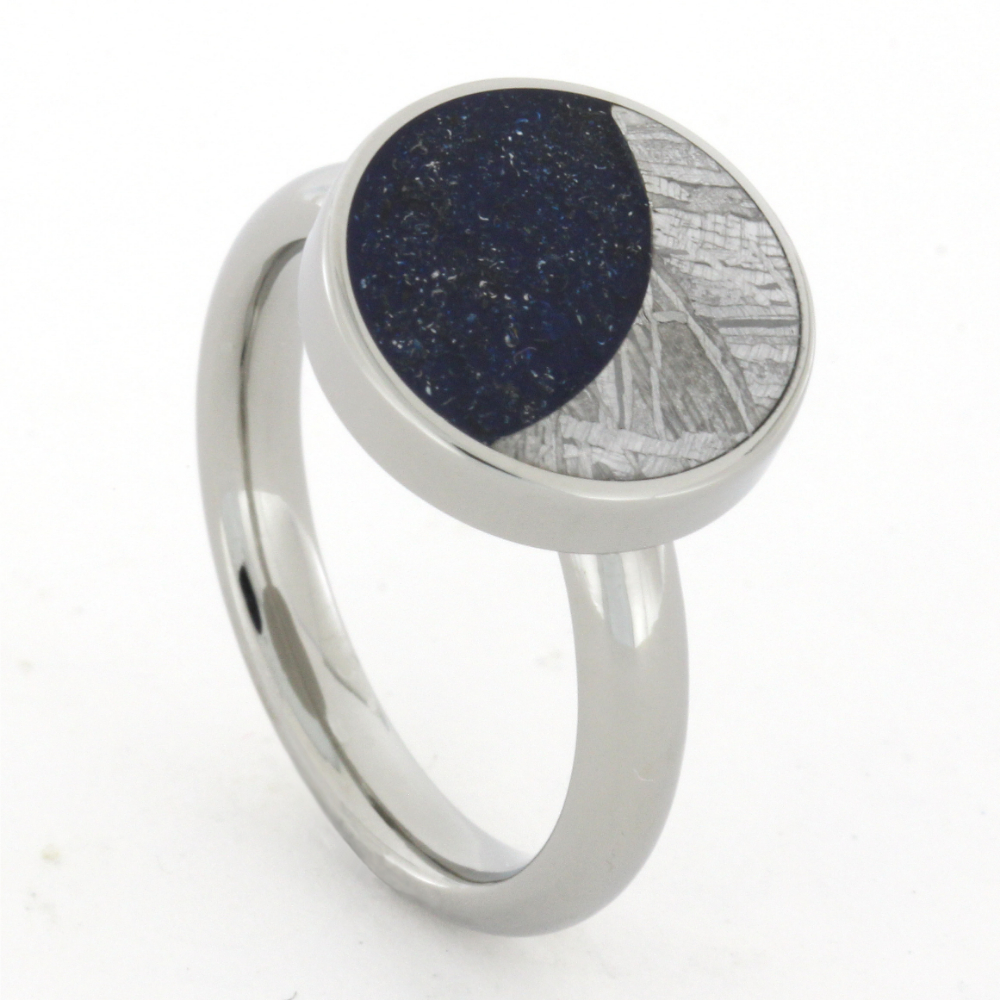 Starry Night Ring with Blue Stardust and Meteorite Moon 9mm Comfort-Fit Titanium Band.