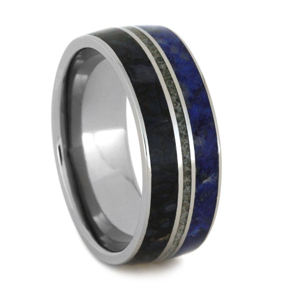 Lapis Lazuli and Dinosaur Bone with Deer Antler Inlay 9mm Comfort-Fit Titanium Band.