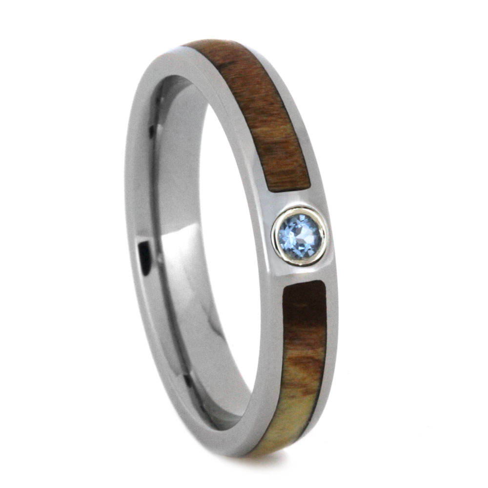 Aquamarine and Petrified Wood Inlay 4mm Comfort-Fit Polished Titanium Band.