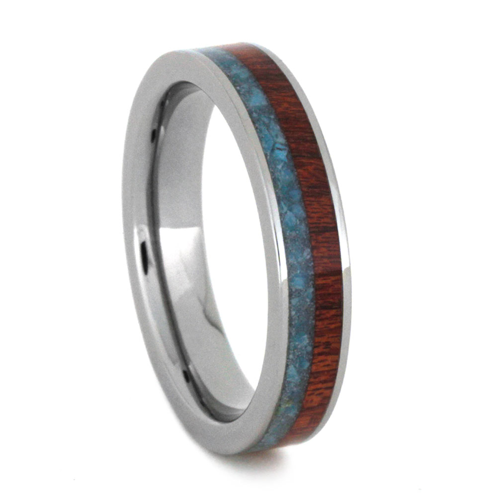 Crushed Turquoise and Bloodwood Inlay 4mm Comfort-Fit Polished Titanium Band.
