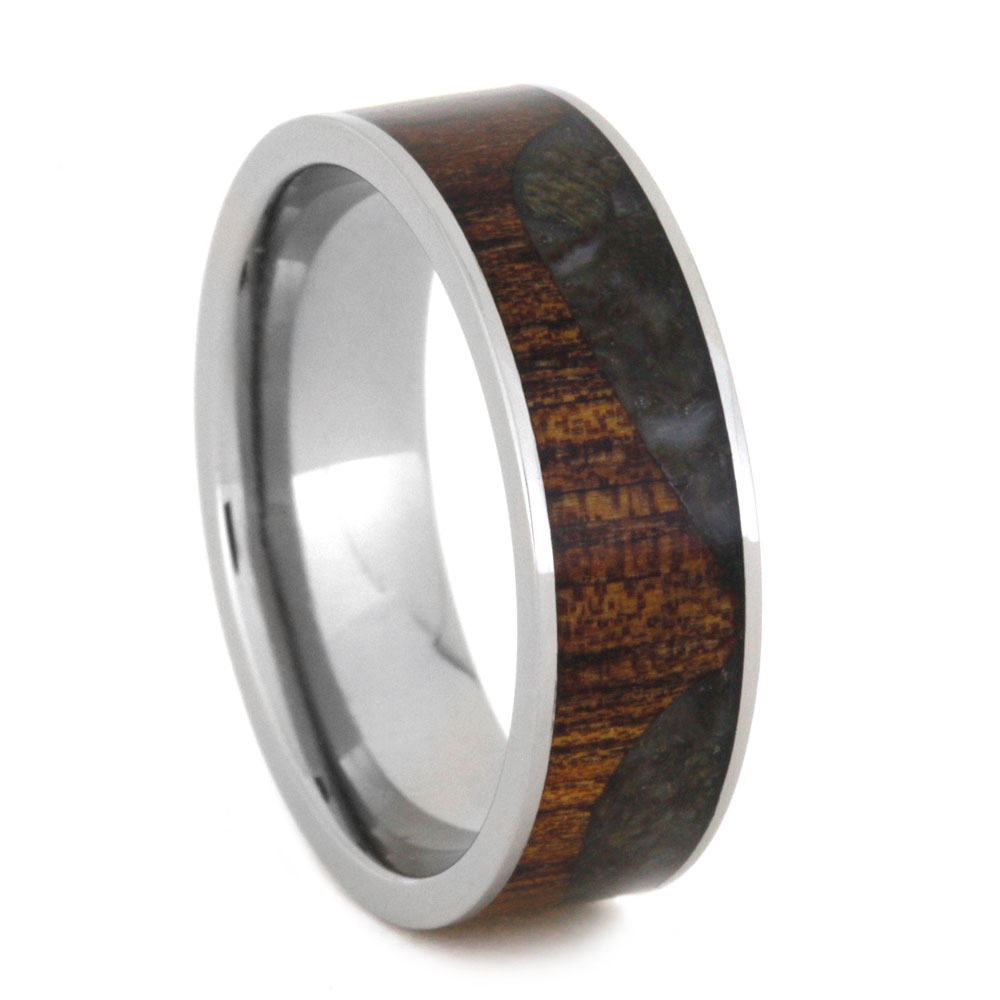 Wave Crushed Dinosaur Bone with Koa Wood 7mm Comfort-Fit Polished Titanium Wedding Ring.