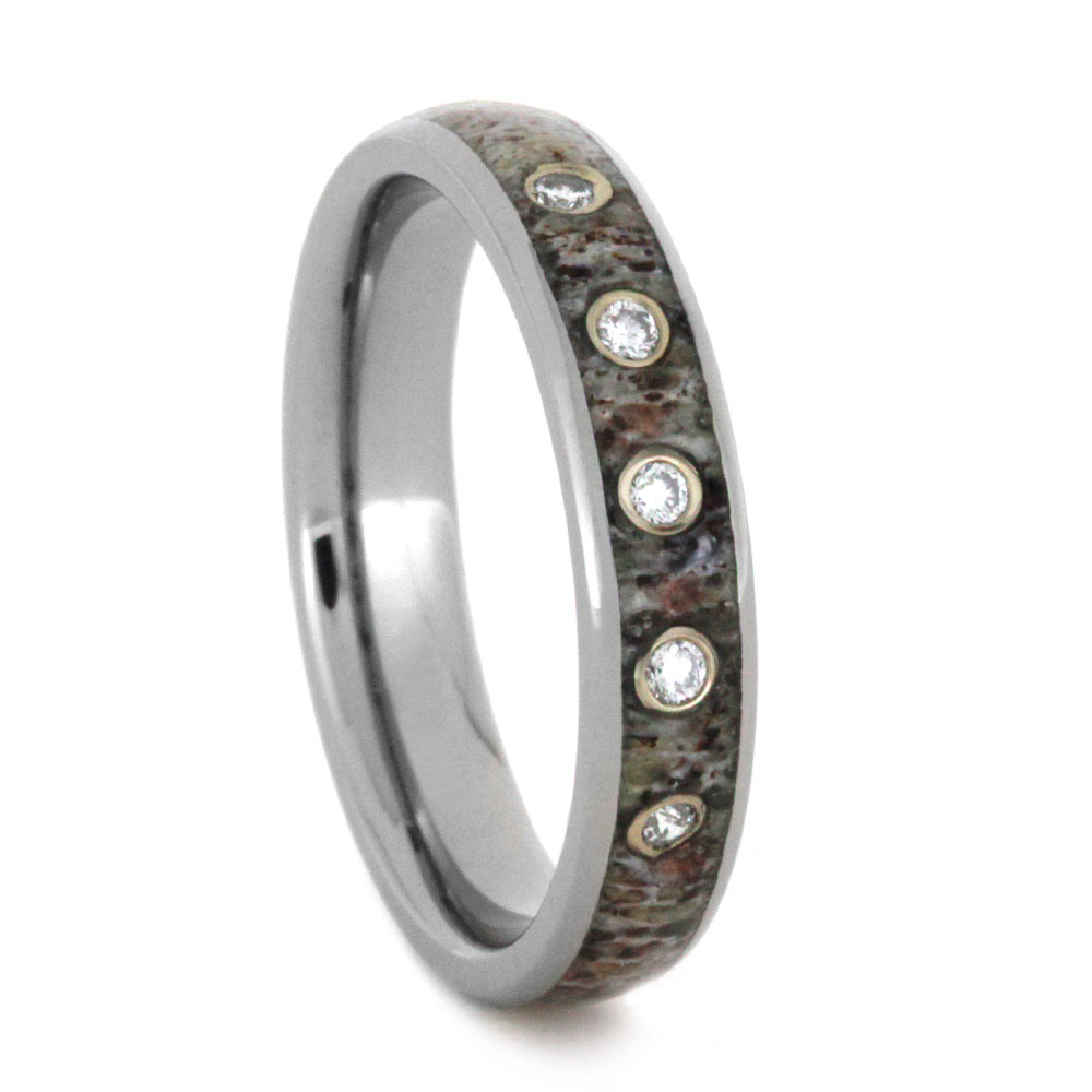 Diamonds with Deer Antler Inlay 4mm Comfort-Fit Polished Titanium Wedding Ring.