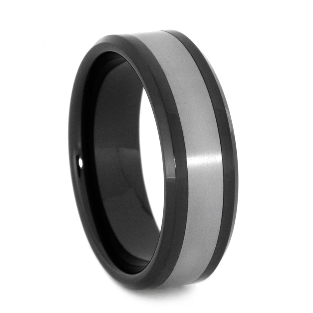 Beveled Edged with Black Ceramic Sleeves 8mm Comfort-Fit Matte Titanium Wedding Ring.
