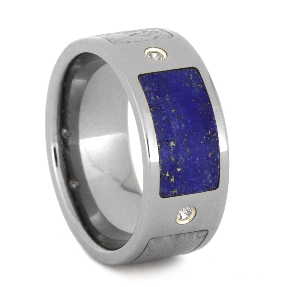 Two White Sapphire with Lapis Lazuli and Meteorite Partial Inlay 8mm Comfort-Fit Polished Titanium Ring.