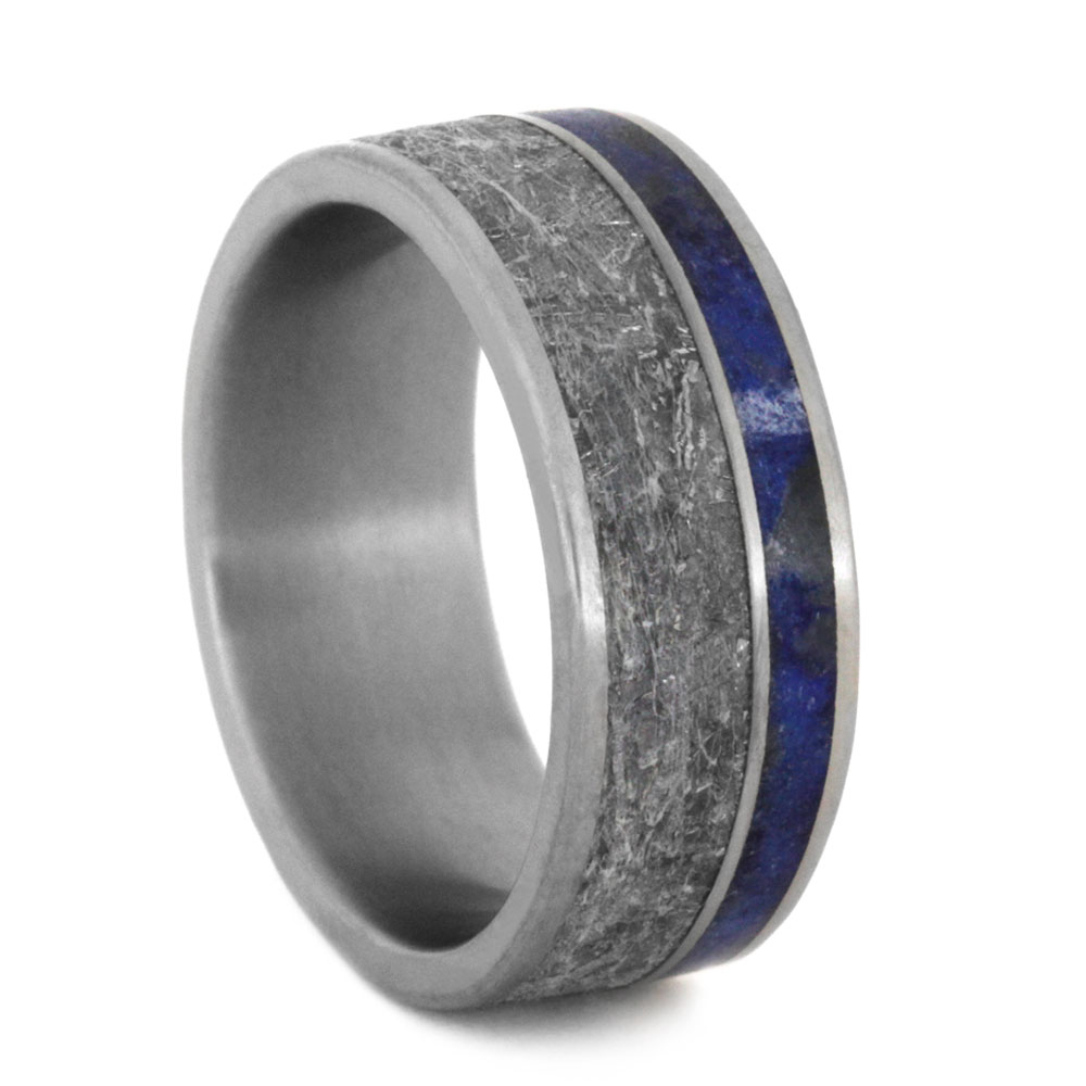 Lapis Lazuli and Gibeon Meteorite 8mm Comfort-Fit Matte Titanium Ring.