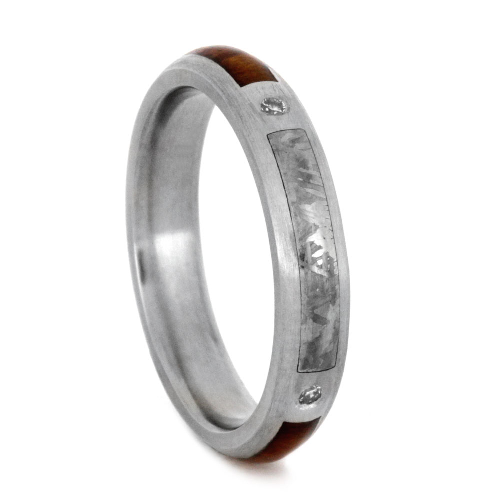 Gibeon Meteorite and Snakewood Inlay 3mm Comfort-Fit Brushed Titanium Ring.