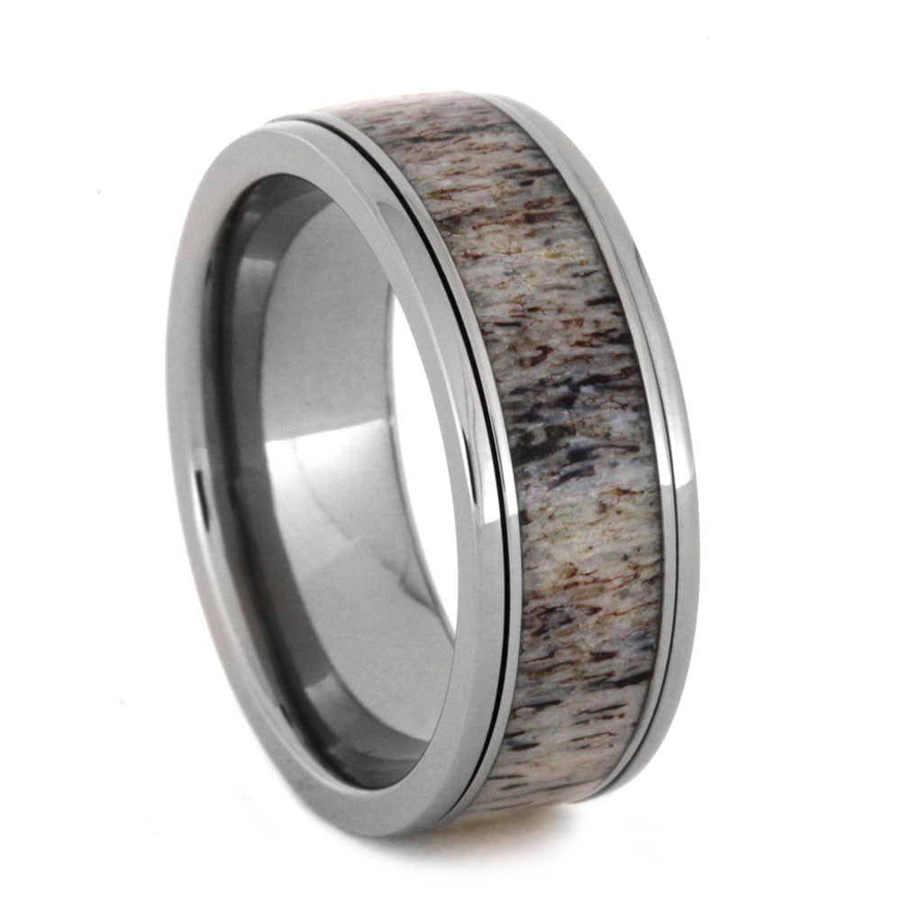 Antler Spinner Inlay 8mm Comfort-Fit Polished Titanium Ring.