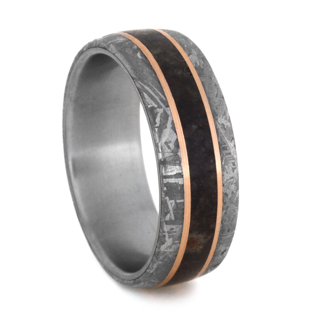 Gibeon Meteorite with Dinosaur Bone Inlay and 14k Rose Gold Pinstripe 8mm Comfort-Fit Brushed Titanium Ring.