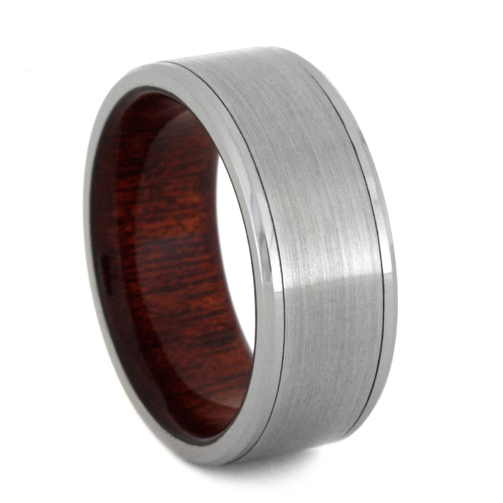 Bloodwood Sleeve with Beveled Edge 8mm Comfort-Fit Brushed Titanium Ring.