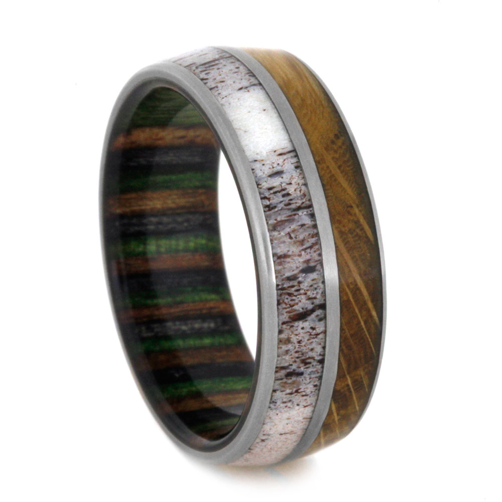 Dymondwood Sleeve and Deer Antler with Whiskey Barrel Oak Wood 8mm Comfort-Fit Matte Titanium Ring.