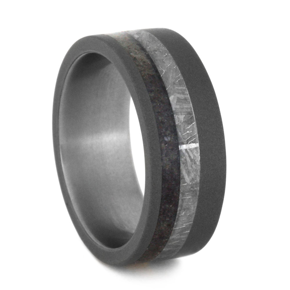 Sandblasted Titanium with Dinosaur Bone and Meteorite Inlay 8mm Comfort-Fit Titanium Ring.